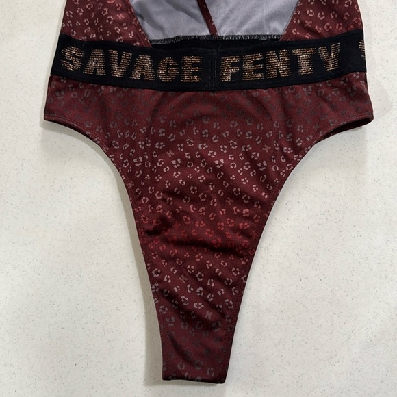 Savage x Fenty New Baby Leopard Plunge Halter Bodysuit High Cut Bottoms Wine EUC - Picture 6 of 9